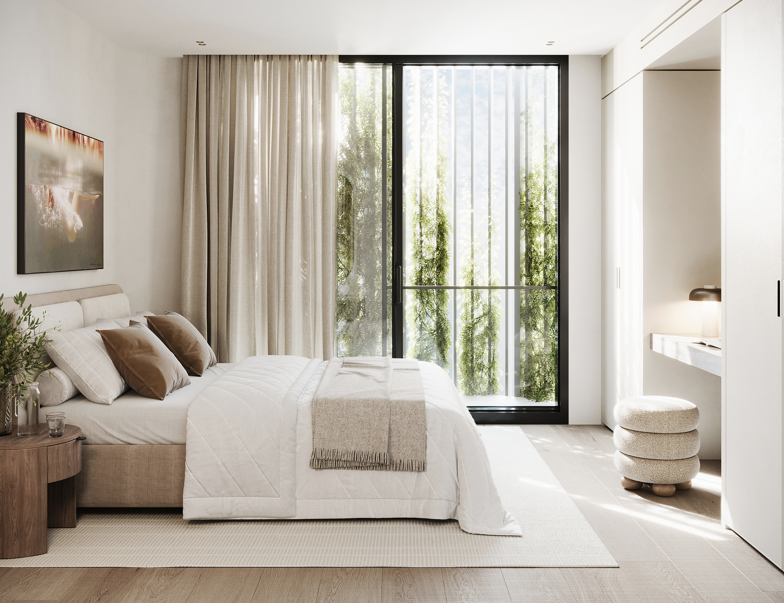 Elegant bedroom interior with natural light and soft textures, designed by D’lek Architects for the Poets Lane project.