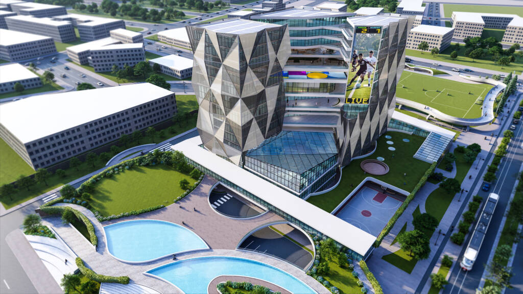Aerial view of a contemporary architectural design by D’lek Architects, integrating geometric forms with open green spaces.