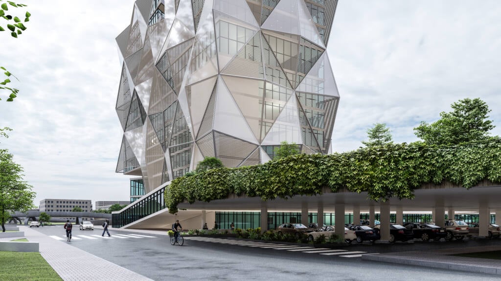 Contemporary architectural design by D’lek Architects, featuring angular forms and integrated greenery.
