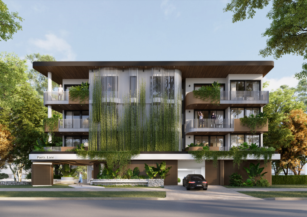 Exterior of Poets Lane showcasing modern architecture with vertical gardens and sustainable landscaping in Clontarf.