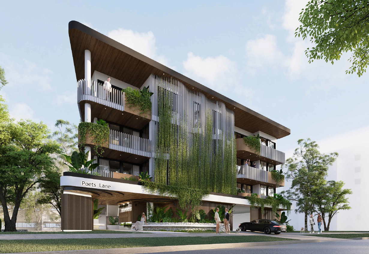 East-facing view of Poets Lane apartment development designed by D’lek Architects in Brisbane